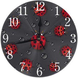 Cute Ladybug with Raindrop Round Wall Clock Silent Non Ticking Battery Operated
